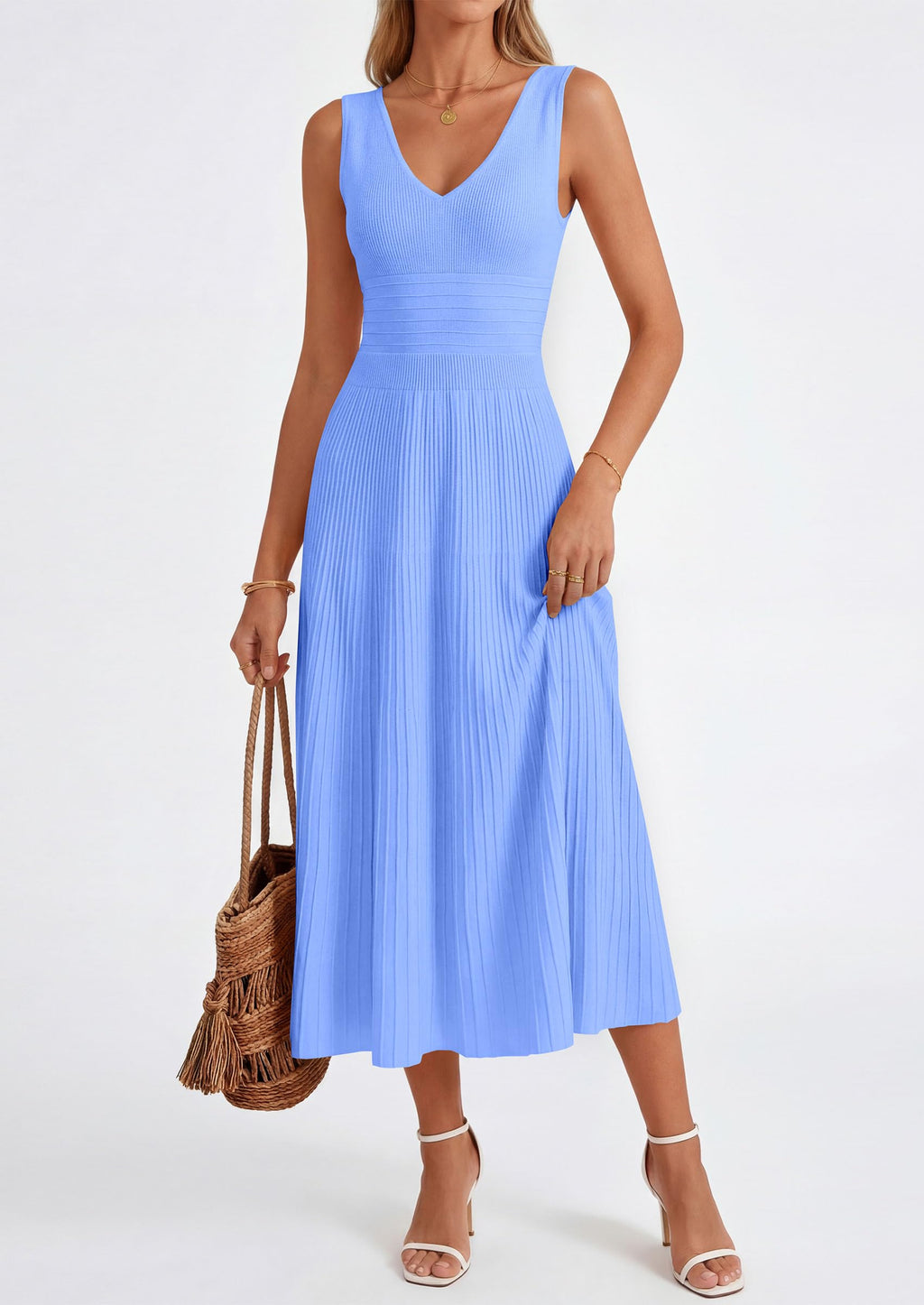 PRETTYGARDEN Summer Dresses for Women 2026 Spring Casual Sleeveless V Neck Pleated Midi Work Cocktail Wedding Guest Dress(Light Blue,Large)