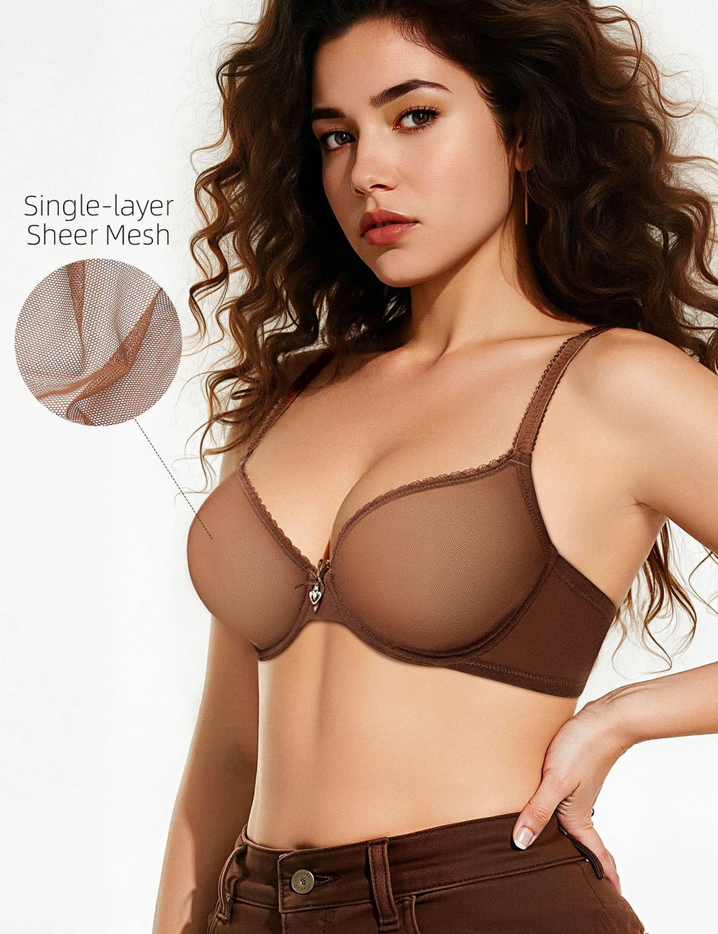 Upushall Unlined Bras for Women Sexy See Through Mesh Underwire Plunge Demi Lace Bra Coffee 40C
