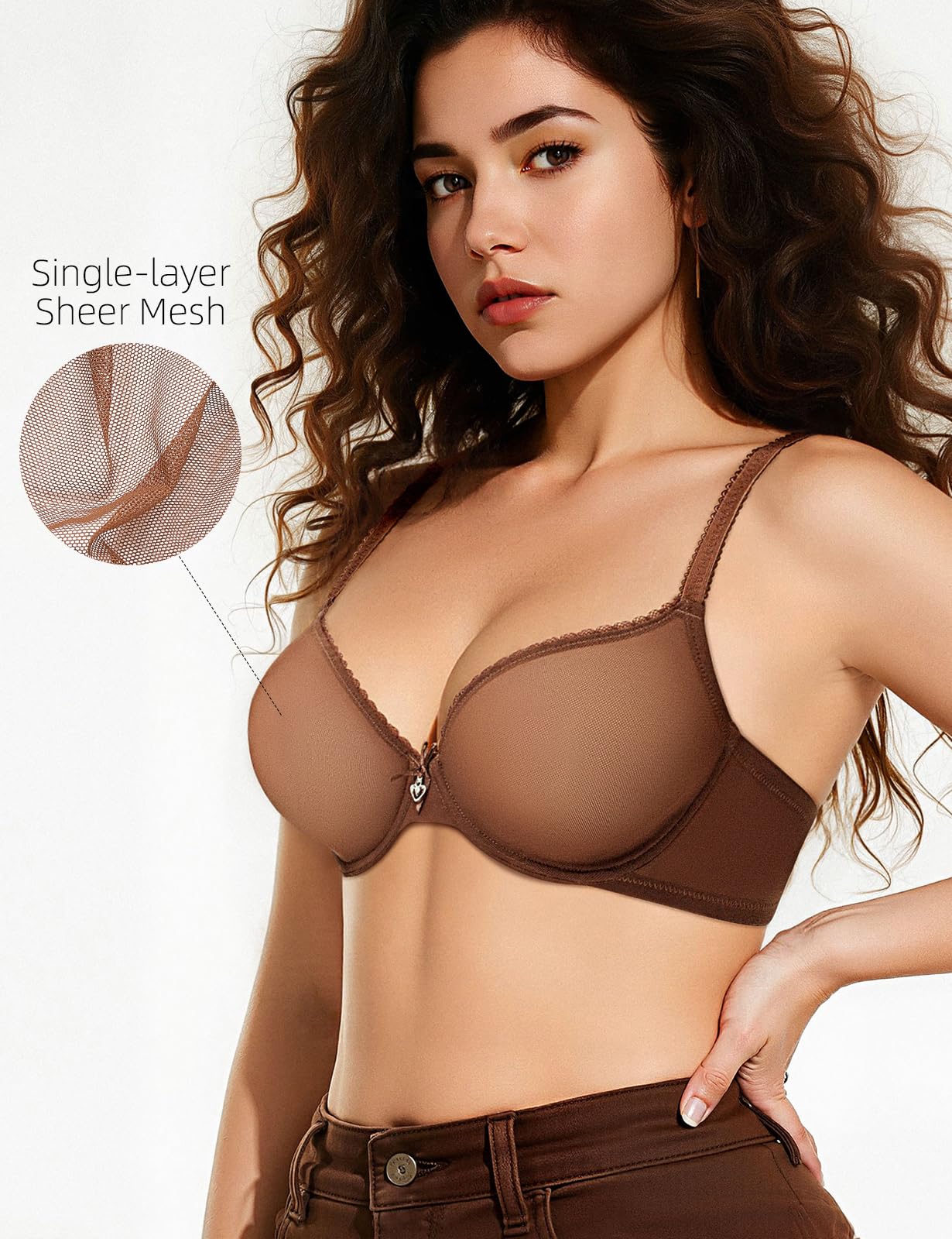 Upushall Unlined Bras for Women Sexy See Through Mesh Underwire Plunge Demi Lace Bra Coffee 40C
