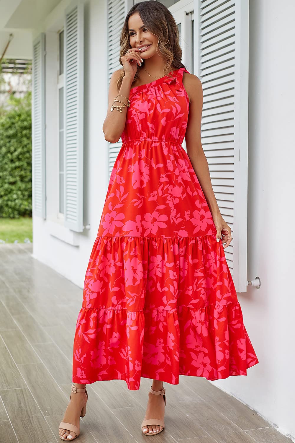 PRETTYGARDEN Women's Summer Floral Maxi Dress Knot One Shoulder Sleeveless Ruffle Flowy Boho Beach Wedding Guest Dresses (Red Floral,Medium)