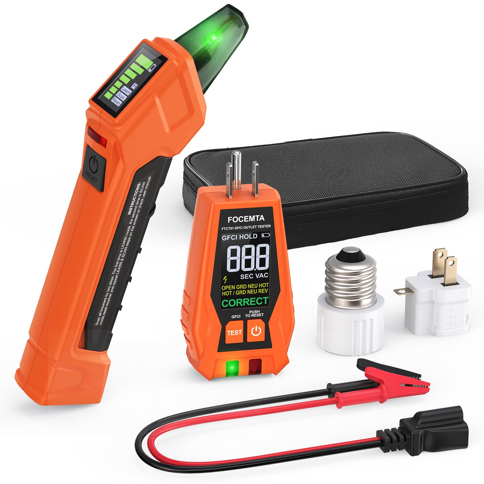 FOCEMTA Circuit Breaker Finder Kit with GFCI Outlet Tester for 90-135V AC Circuits,includes Light Socket Adapter, 3-2 Prong Grounding Adapter & Clip adapter,Portable Electrical Tool with Carrying Case