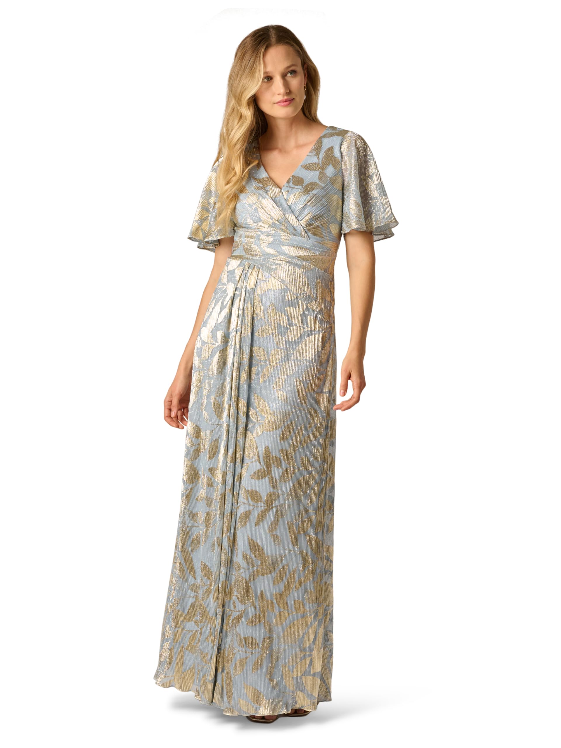 Adrianna Papell Women's Foil Leaf Draped Gown | Long Metallic Dress with Short Butterfly Sleeves & Front Leg Slit,Light Blue/Gold,4