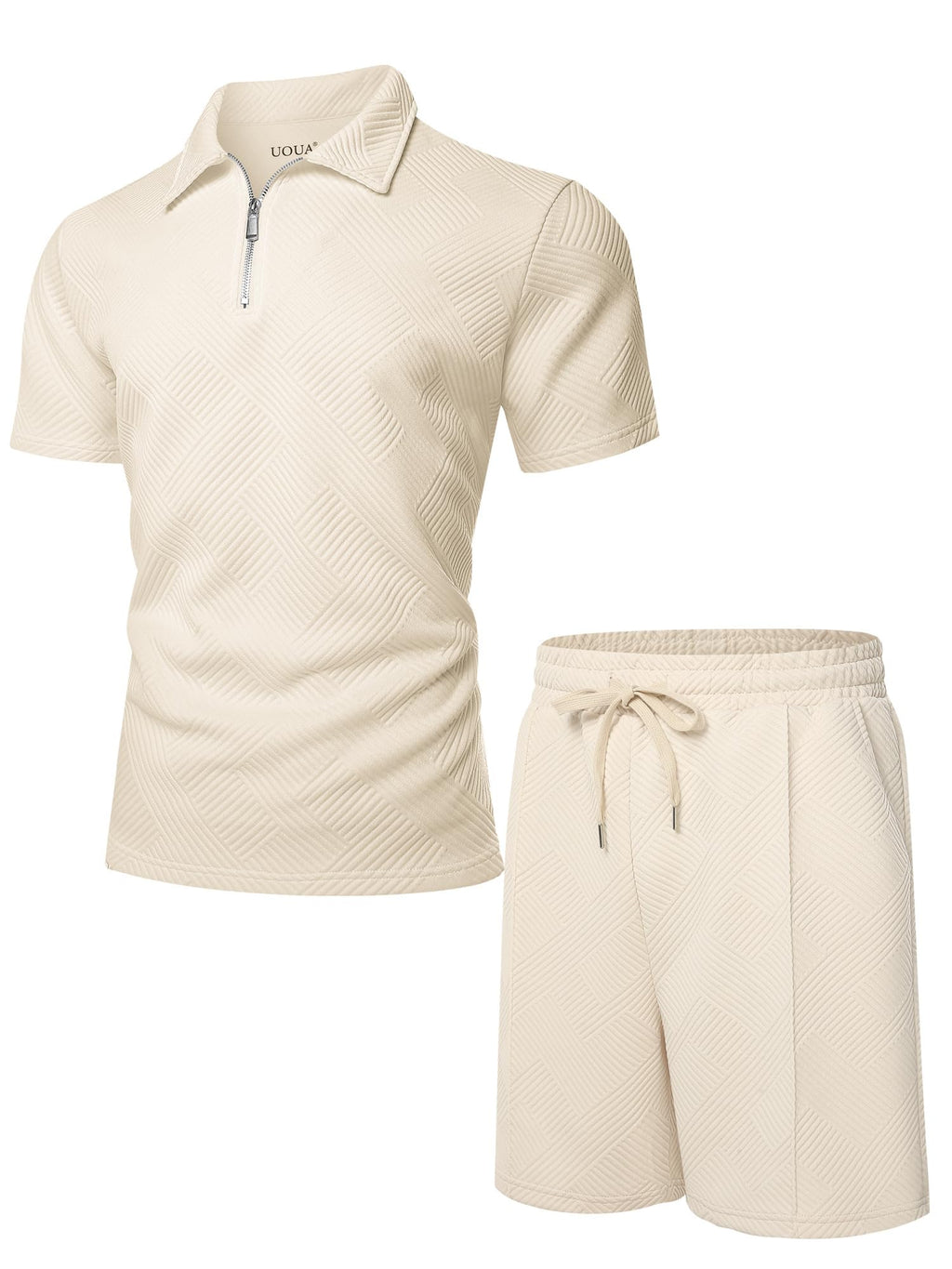 UOUA Mens Track Suits 2 Piece Sets Short Sleeve Sweatsuit Outfits Casual Quarter Zip Golf Polo Shirts & Summer Jogger Shorts Loungewear Outdoor Beige XL