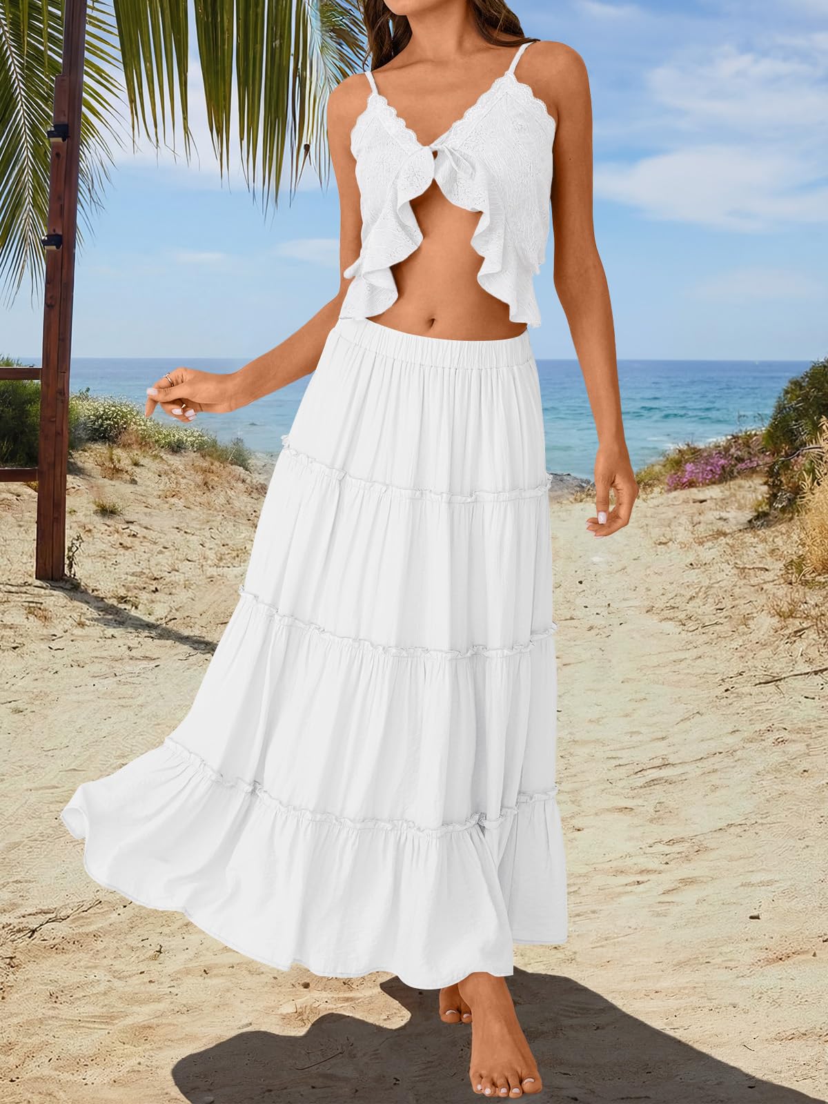 Trendy Queen Beach Vacation Clothes Maxi Skirts for Women Summer Outfits Maxi Skirt 2026 White Dress Longe Flowy Boho Dresses with Pockets S