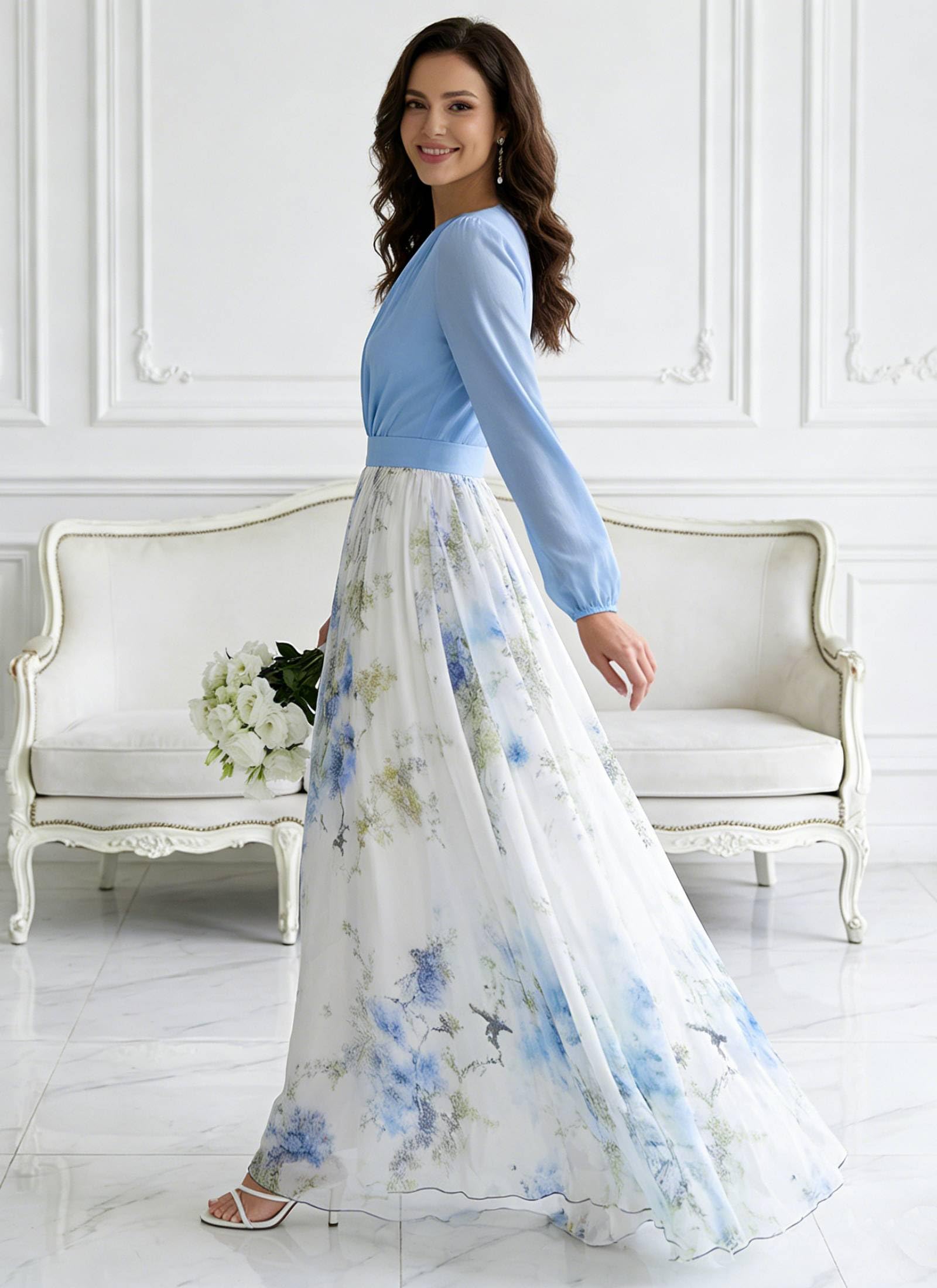 CBZDJX Women's Boho Floral Chiffon Maxi Dresses 2026 Summer Casual Long Sheer Sleeve Deep V Neck A-Line Beach Vacation Dress Blue