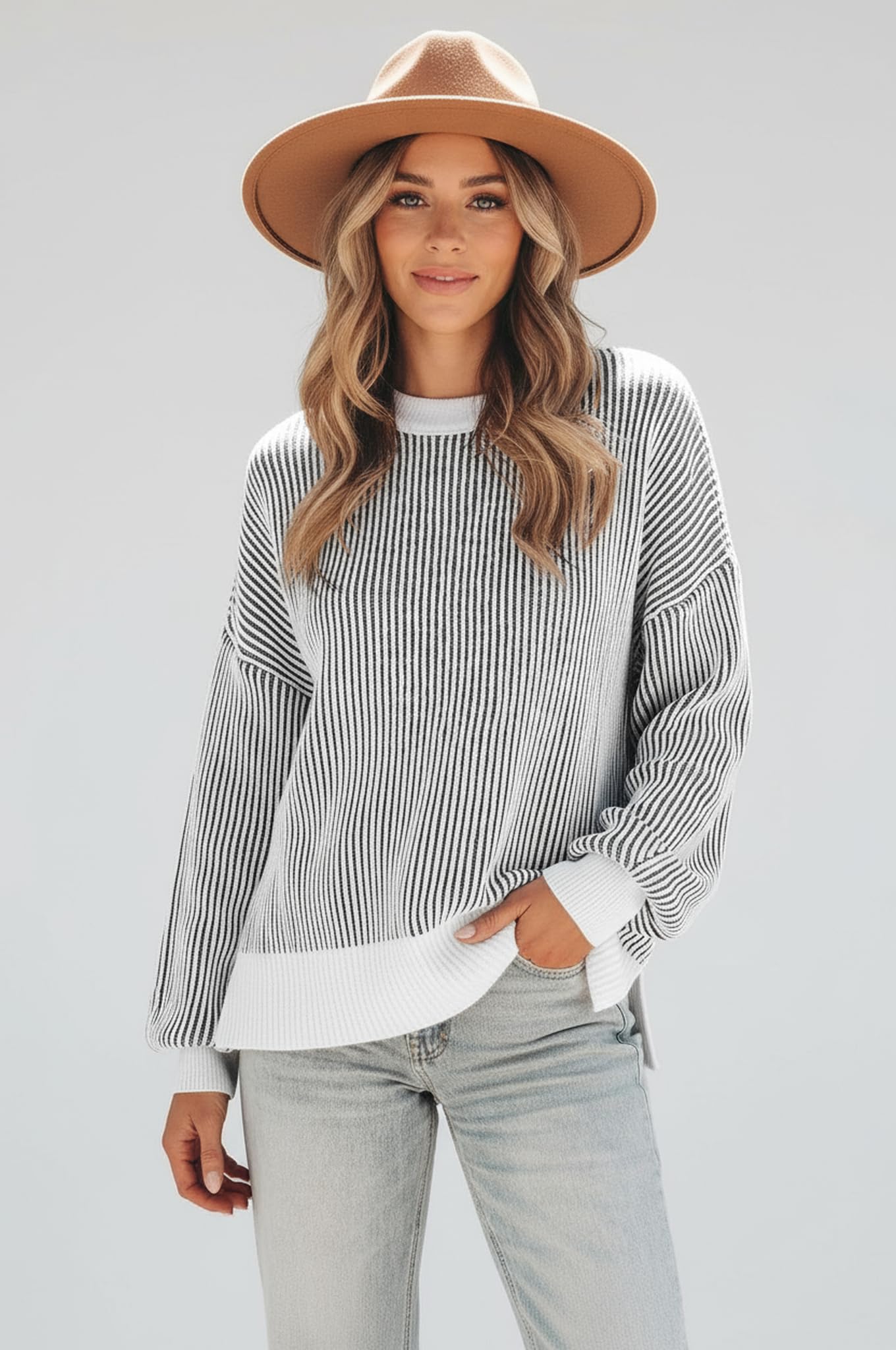 Disamer Womens Sweaters 2026 Fall Clothes Batwing Long Sleeve Striped Knit Pullover Tops Fashion Outfits Oversized Sweater,Pure Black,Large