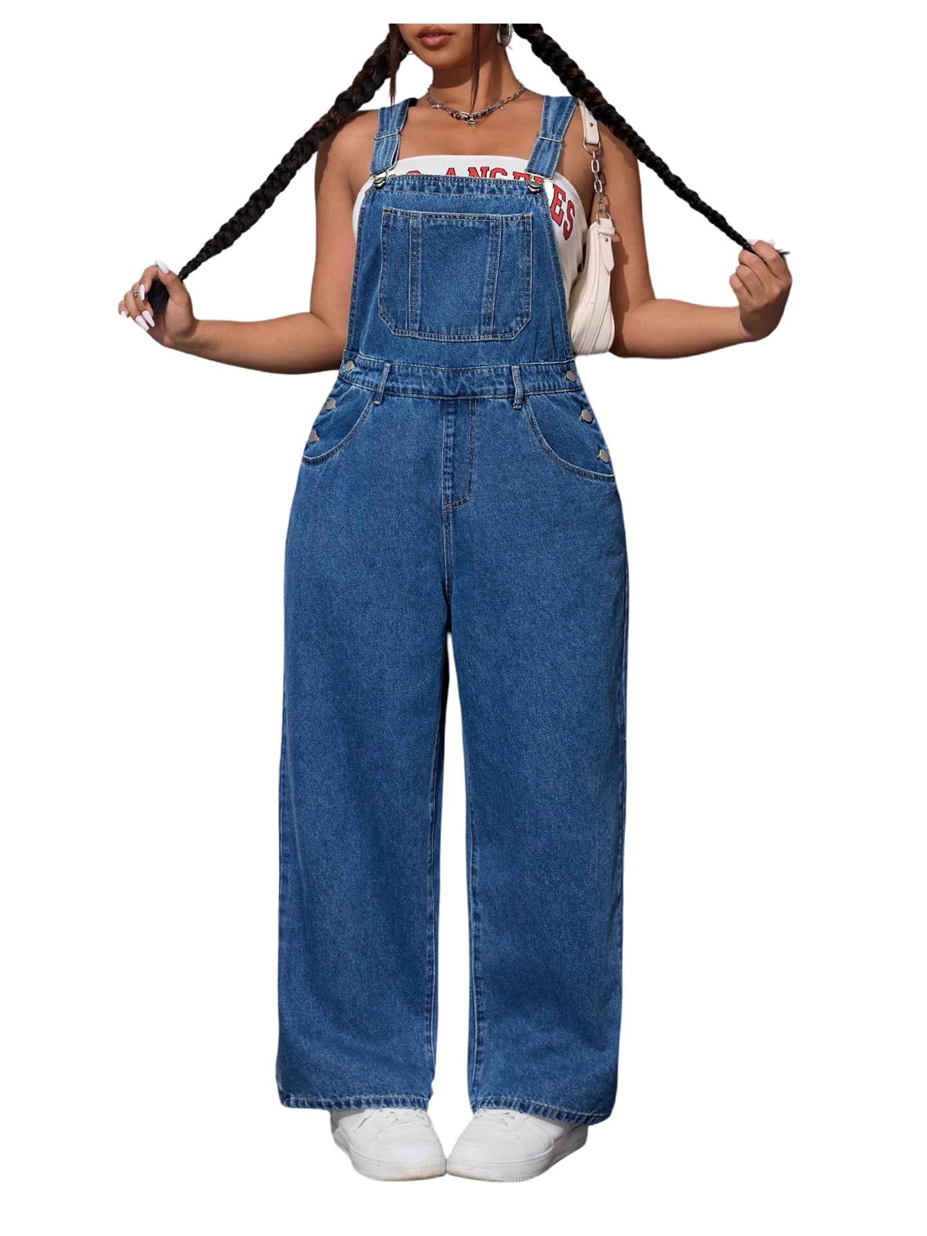 WDIRARA Women's Plus Size Denim Overall Straight Leg Jean Jumpsuit with Pockets Dark Wash 4X-Large Plus