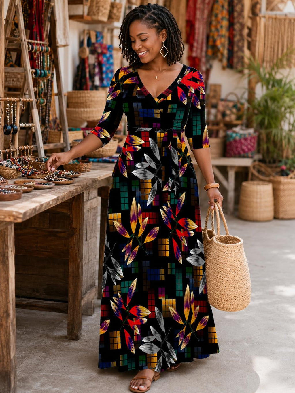 PinkPatty Sexy Maxi Dress for Women Chic Printed 3/4 Sleeve Evening Weeding Guest Dress with Pockets