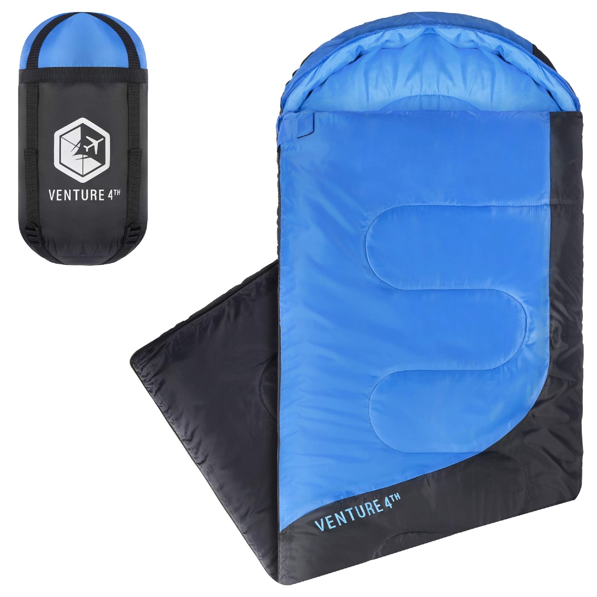VENTURE 4TH Summer Sleeping Bag, Single, Regular Size - Lightweight, Comfortable, Water Resistant Backpacking Sleeping Bag for Adults & Kids - Ideal for Hiking, Camping & Outdoor – Blue/Gray