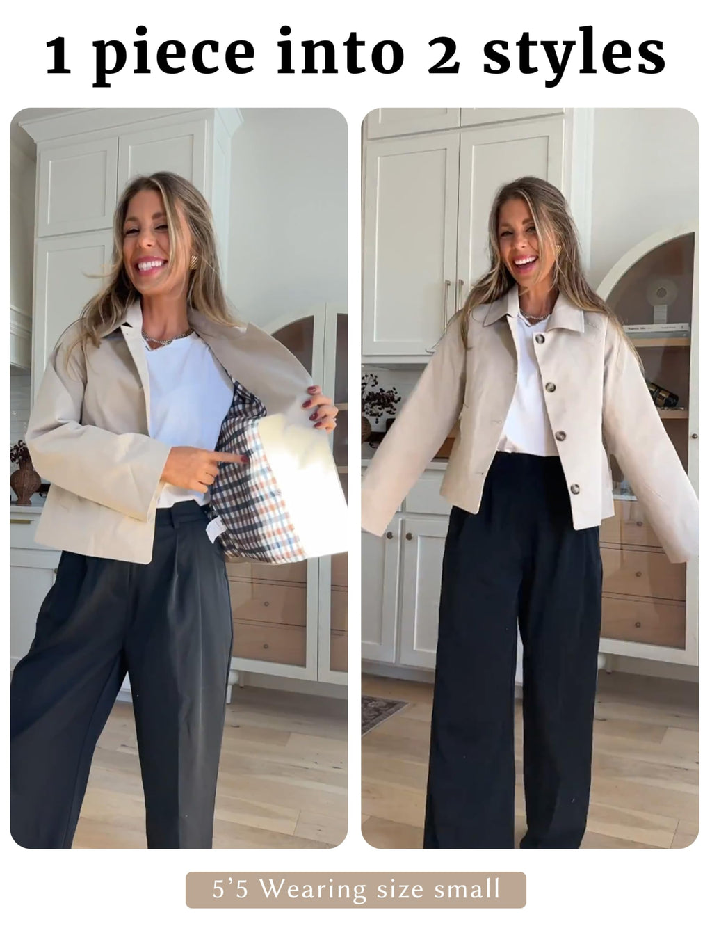 Dqbeng Womens Short Trench Jacket Plaid Lining Button Front Lightweight Classic Casual Outerwear with Pockets (Beige-XS)
