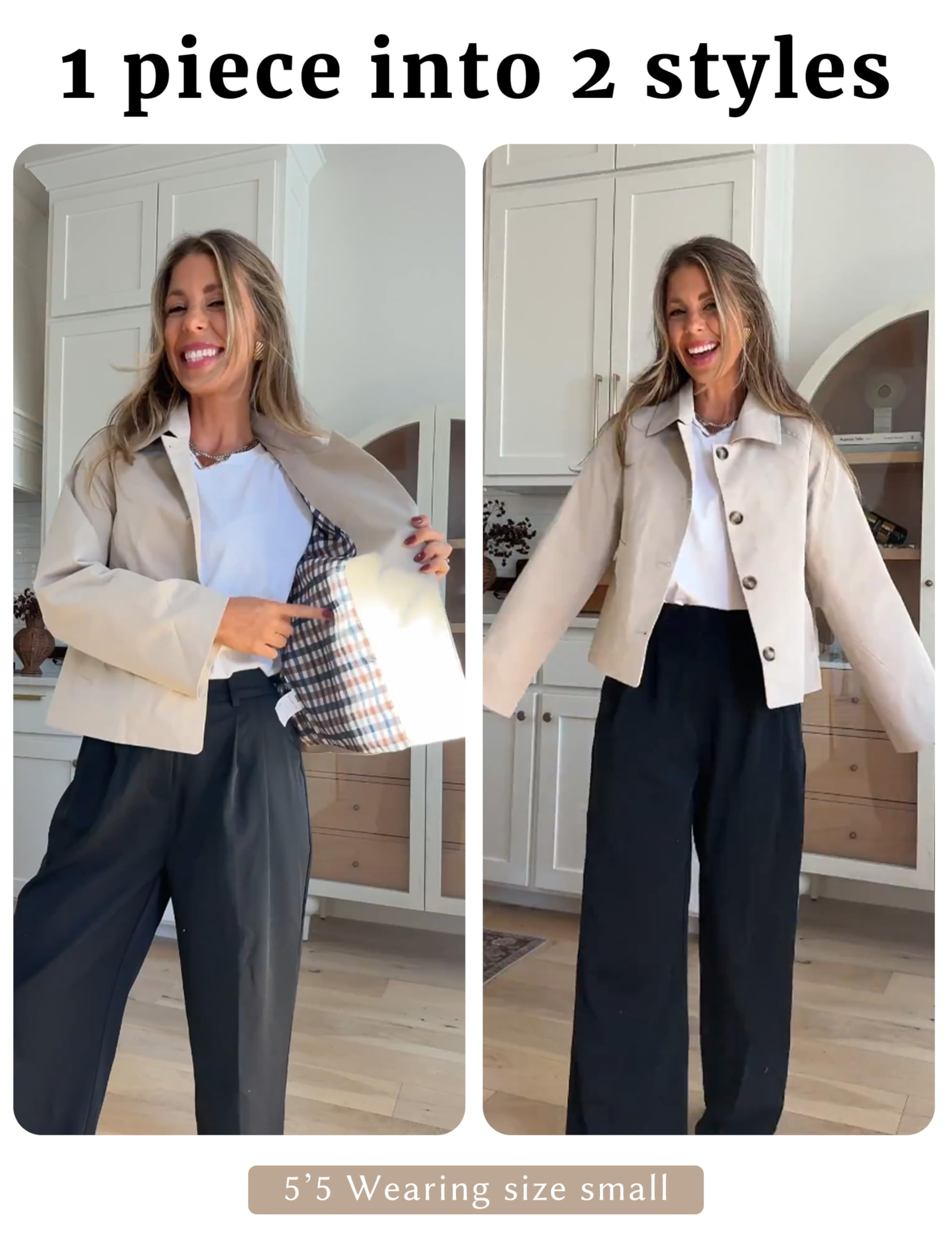 Dqbeng Womens Short Trench Jacket Plaid Lining Button Front Lightweight Classic Casual Outerwear with Pockets (Beige-XS)