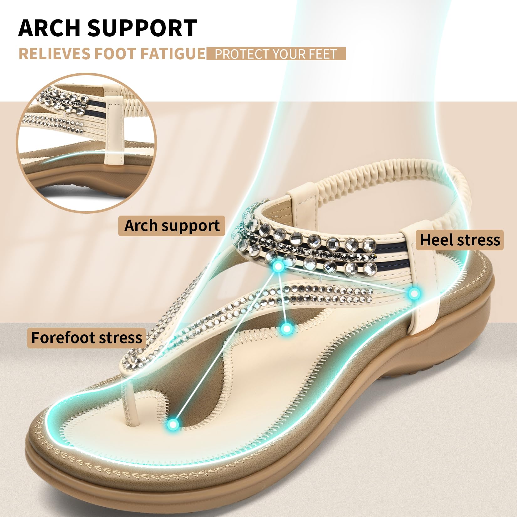 Littleplum Womens Sandals Arch Support Slingback Rhinestone Dressy Sandals Comfort Summer Shoes Ankle Strap Elastic Flats for Beach Walking Elegant White Size 8.5