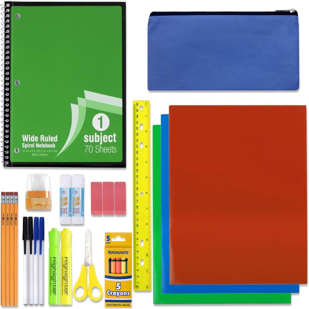 School Supplies Kit for Girls, Boys Back to School Supplies Bundle Pack 30 Piece School Supply Box Set for Kids Kindergarten, Elementary K-8 Includes Notebook, Folders, Pens, Pencils, and More