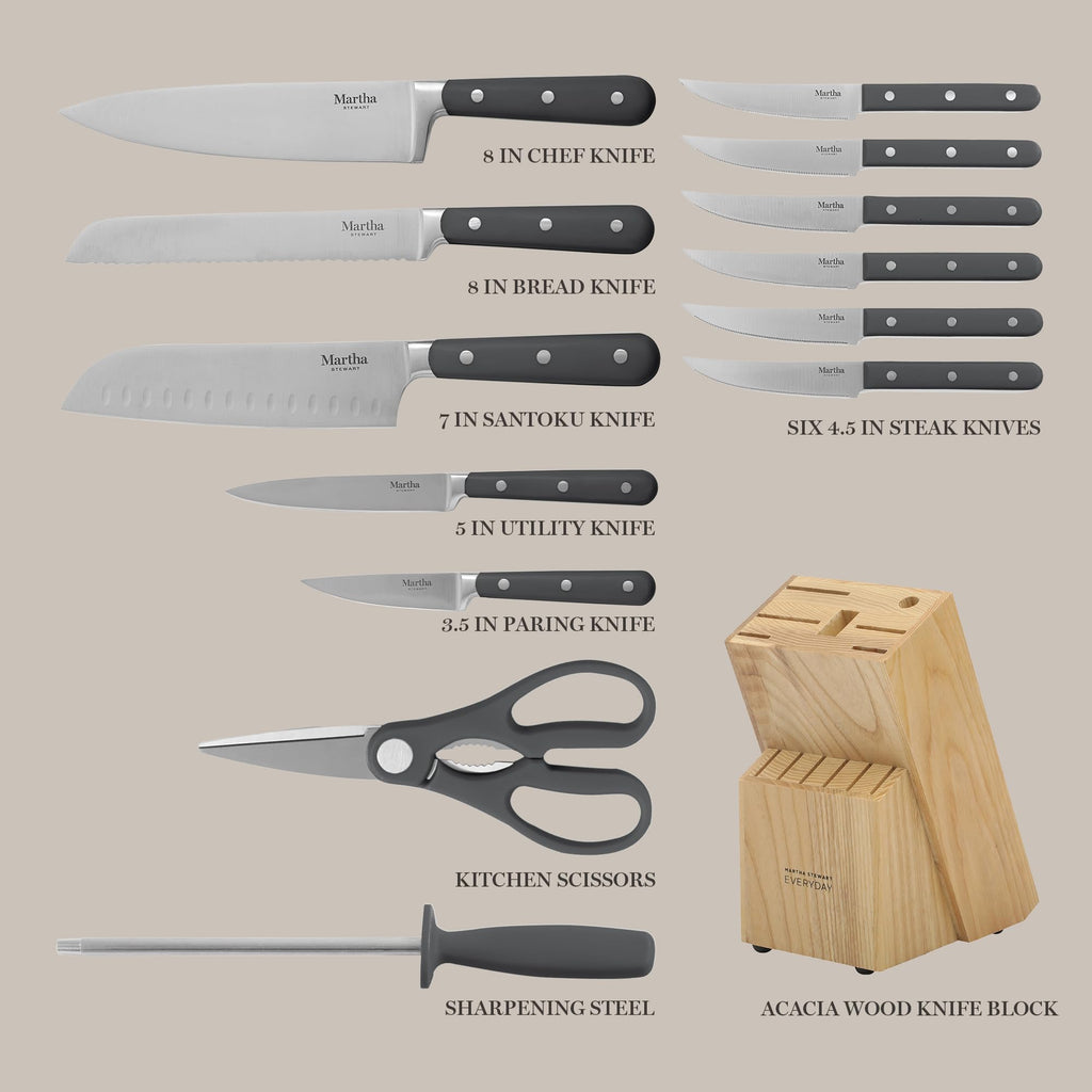 MARTHA STEWART Eastwalk 14 Piece High Carbon Stainless Steel Cutlery Knife Block Set w/ABS Triple Riveted Forged Handle Acacia Wood Block - Gray
