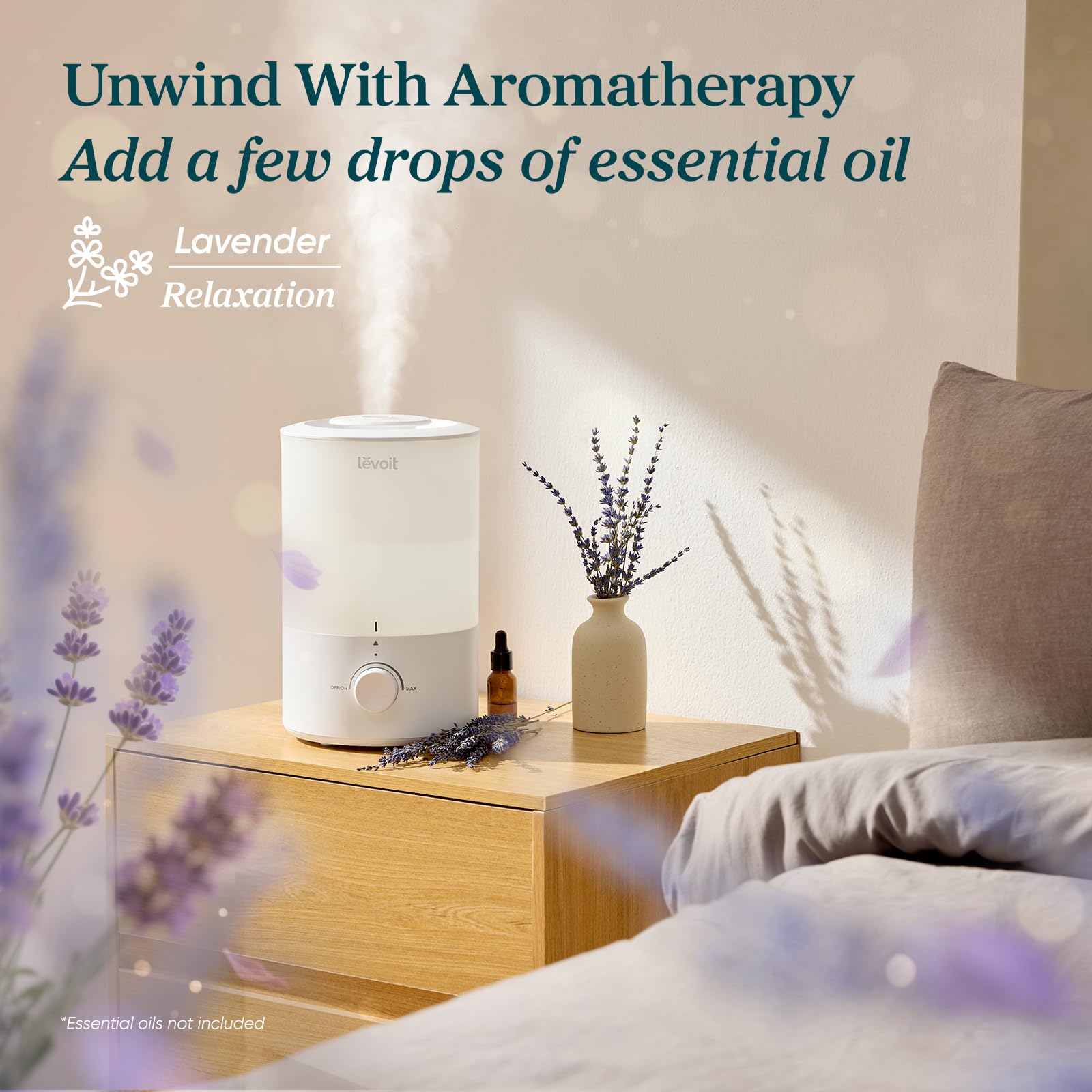 LEVOIT - Humidifiers for Bedroom - Quiet (3L Water Tank) - Cool Mist/Top Fill/Essential Oil Diffuser/25Watt - Home/Large Room - 360° Nozzle - Rapid Ultrasonic Humidification for Baby Nursery/Plant