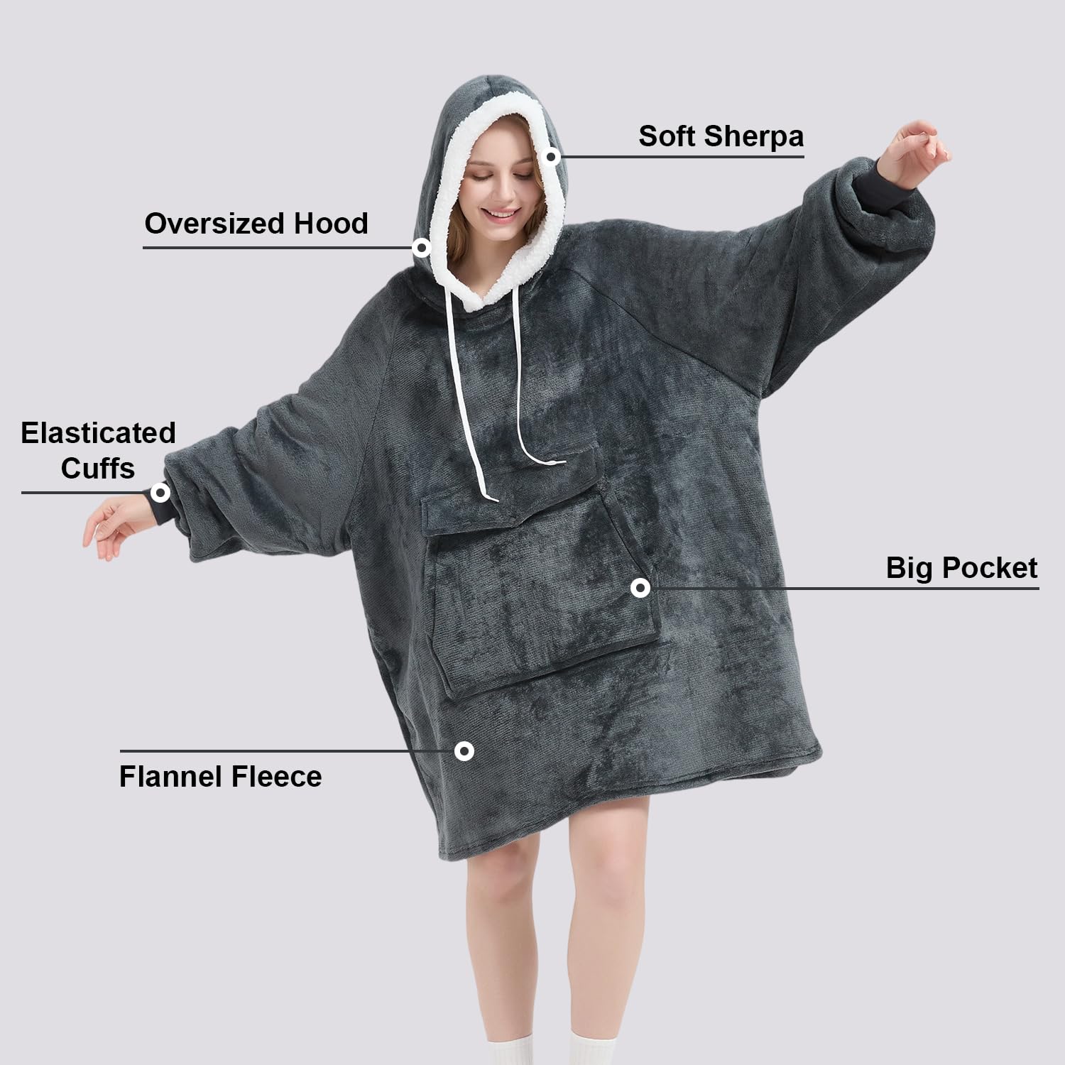 Qeils Wearable Blanket Hoodie for Women, Comfy Sherpa Sweatshirt Blanket as Birthday Christmas Gifts, Oversized Pullover Jacket Blanket Hoodie for Adult (Dark Grey, Adult)