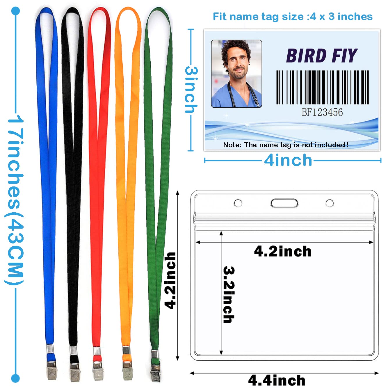 4x3 Name Tags Badge Holder with Lanyard 50 Pack Waterproof Horizontal ID Badge Holder and 50 Pcs Lanyards Nametag for Conferences, Events, and Meetings (Blue, 4 X 3 inches)