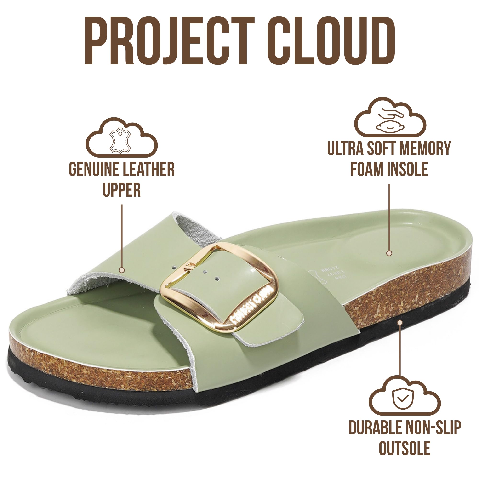 Project Cloud 100% Genuine Leather Sandals Women Dressy Beach Essentials Slides for Women Footwear-Lightweight with Memory Foam Insole Sandals for Women 2026-Womens Slides (Mykonos,PISTACHIO,10)
