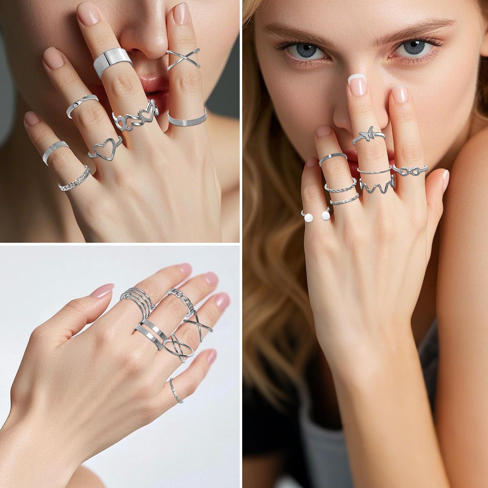 Silver Jewelry Set for Women Layered Bracelets Ball Dangle Hoop Earrings Stackable Knuckle Rings Set Dainty Adjustable Necklaces Valentine Anniversary Trendy Party Costume Accessories Jewelry (Fashionable)