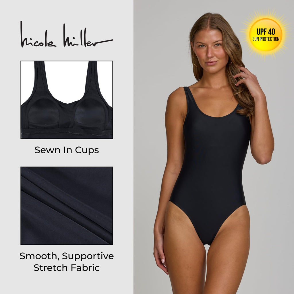 Nicole Miller One Piece Swimsuit Women - Scoop Back Ladies Bathing Suit, Retro Vintage Sexy 1 Piece Swim Suit Black
