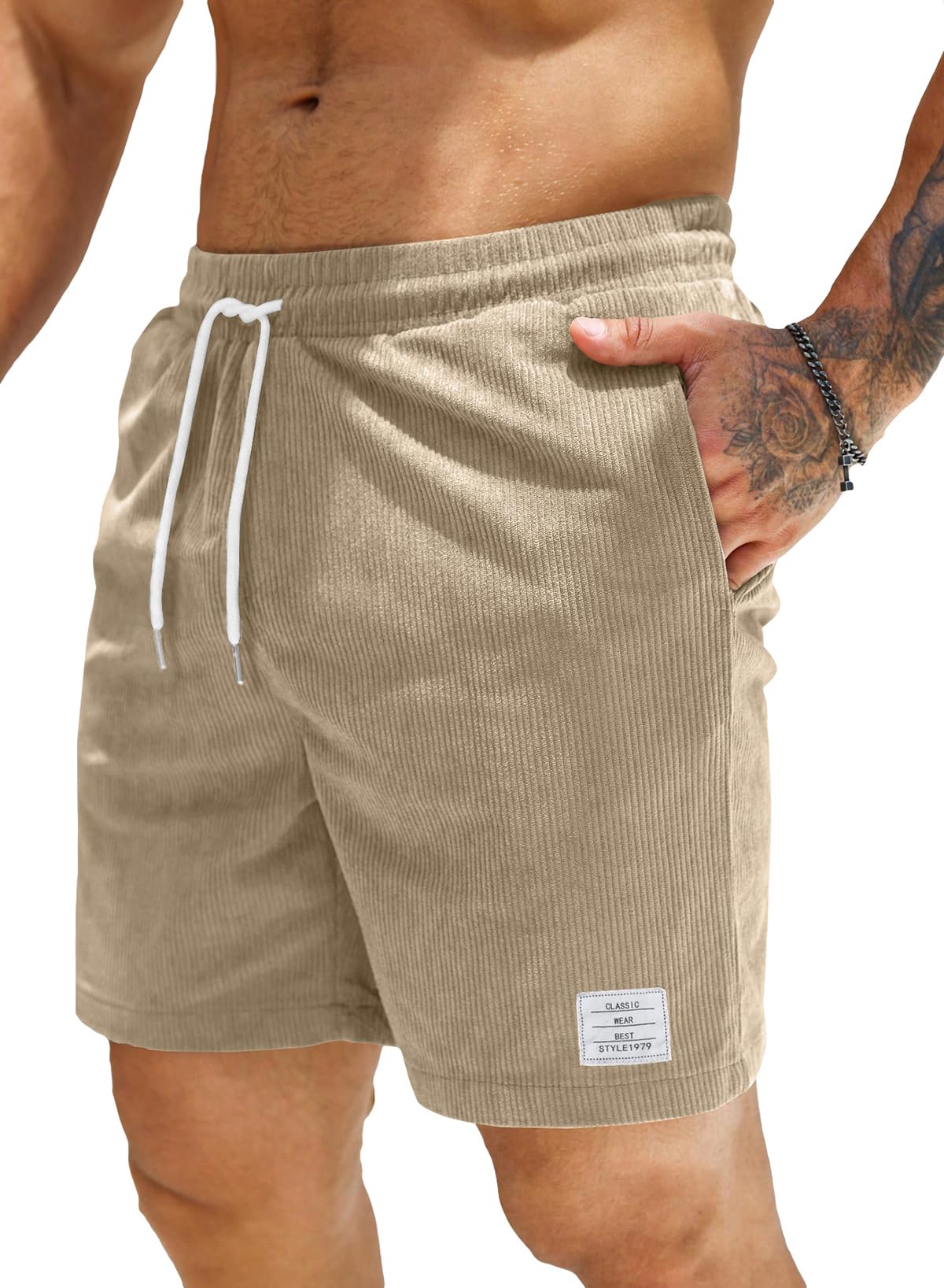 JMIERR Men's Corduroy Shorts Casual 7 Inch Inseam Elastic Waist Drawstring Lightweight Summer Beach Shorts for Resort Wear, XL, Parchment