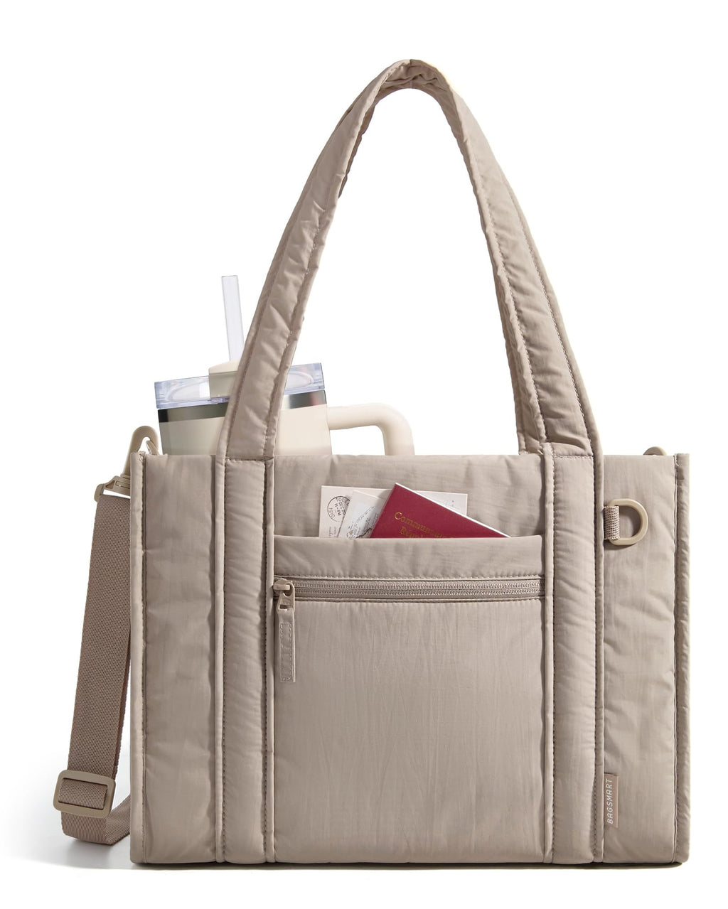 BAGSMART Boxy Tote Bag for Women, Crossbody Bag with Zipper, Crush Bow Purses for Travel Work College, Tan, Large