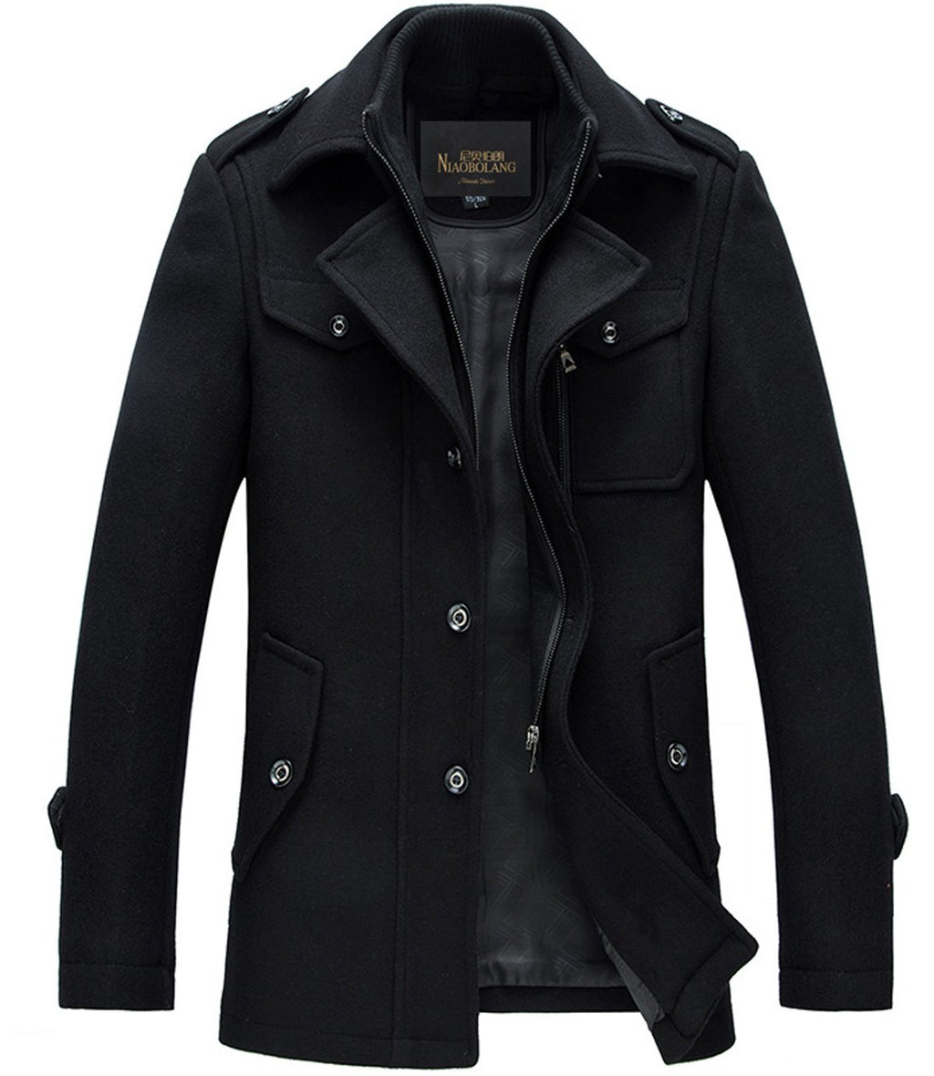 chouyatou Men's Stand Collar Wool-Blend Classic Pea Coat with Removable Inner Collar (Small, H36-Black)