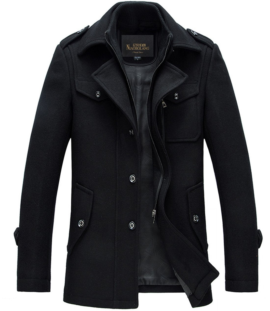 chouyatou Men's Stand Collar Wool-Blend Classic Pea Coat with Removable Inner Collar (Small, H36-Black)