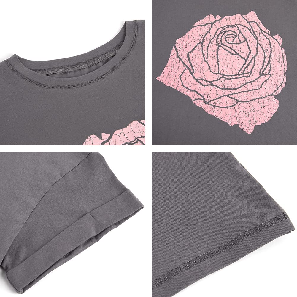 Womens Rose Graphic Tee T Shirt Loose Fit Summer Short Sleeve Casual Boyfriend Crew Neck Tops