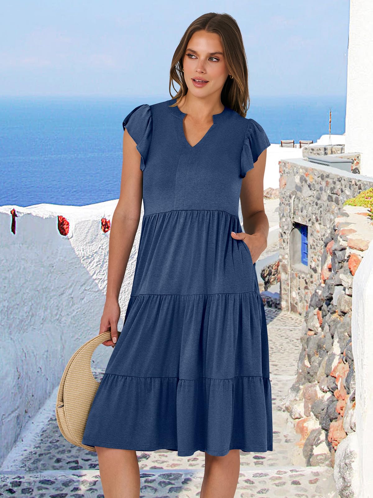 ANRABESS Womens Summer Dress Ruffle Sleeve V Neck Midi Dresses Fashion Casual Fit Flowy Tiered Boho Beach Vacation Sundress Blue-S