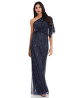 Adrianna Papell Women's Long Beaded Dress | Floor Length One Shoulder Sequin Gown with Bloused Bodice & Mermaid Skirt,Dusty Navy,2