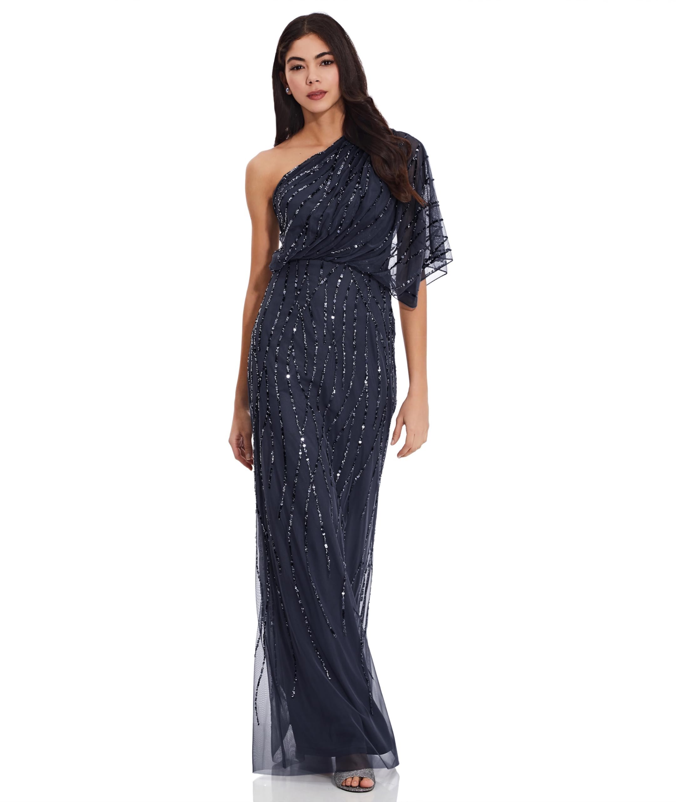 Adrianna Papell Women's Long Beaded Dress | Floor Length One Shoulder Sequin Gown with Bloused Bodice & Mermaid Skirt,Dusty Navy,2