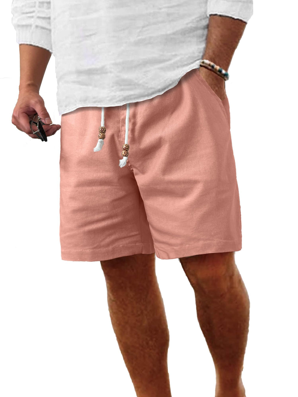 Comdecevis Men's Casual Linen Shorts Elastic Waist Drawstring Summer Beach Shorts, Flamingo, Medium
