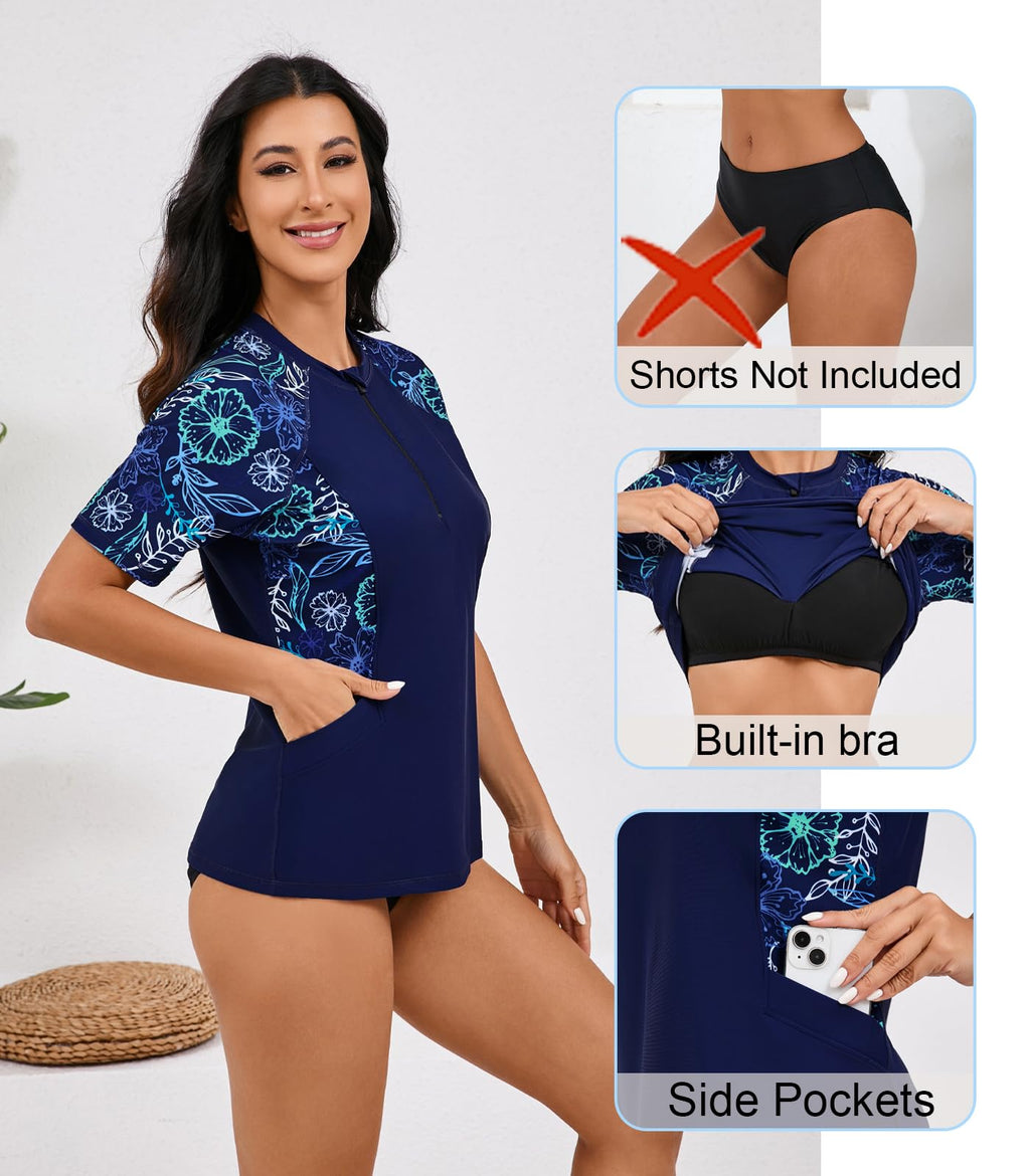 Halcurt Women's Half Zip Short Sleeve Rash Guard Top with Bra Side Pockets Swim Shirts UPF50+ Swimsuit Navy Floral S