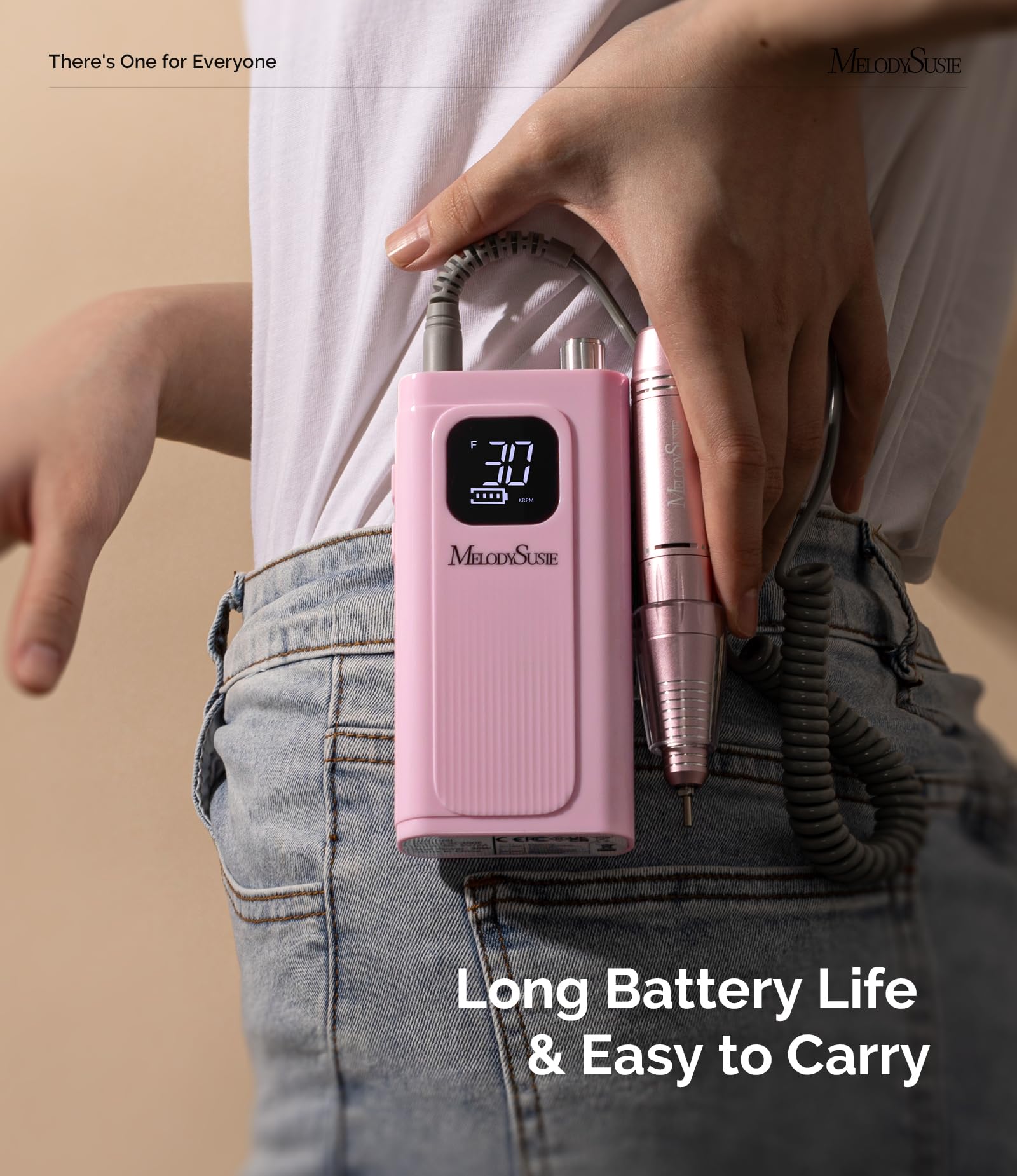 MelodySusie Entry-Level Clip-On Cordless Essential Nail Drill, SC300F 30000RPM E-File with LCD Display for All Manicure Shaping & Gel Removal, Ideal for Training, Nail Art Practice & Home Use, Pink