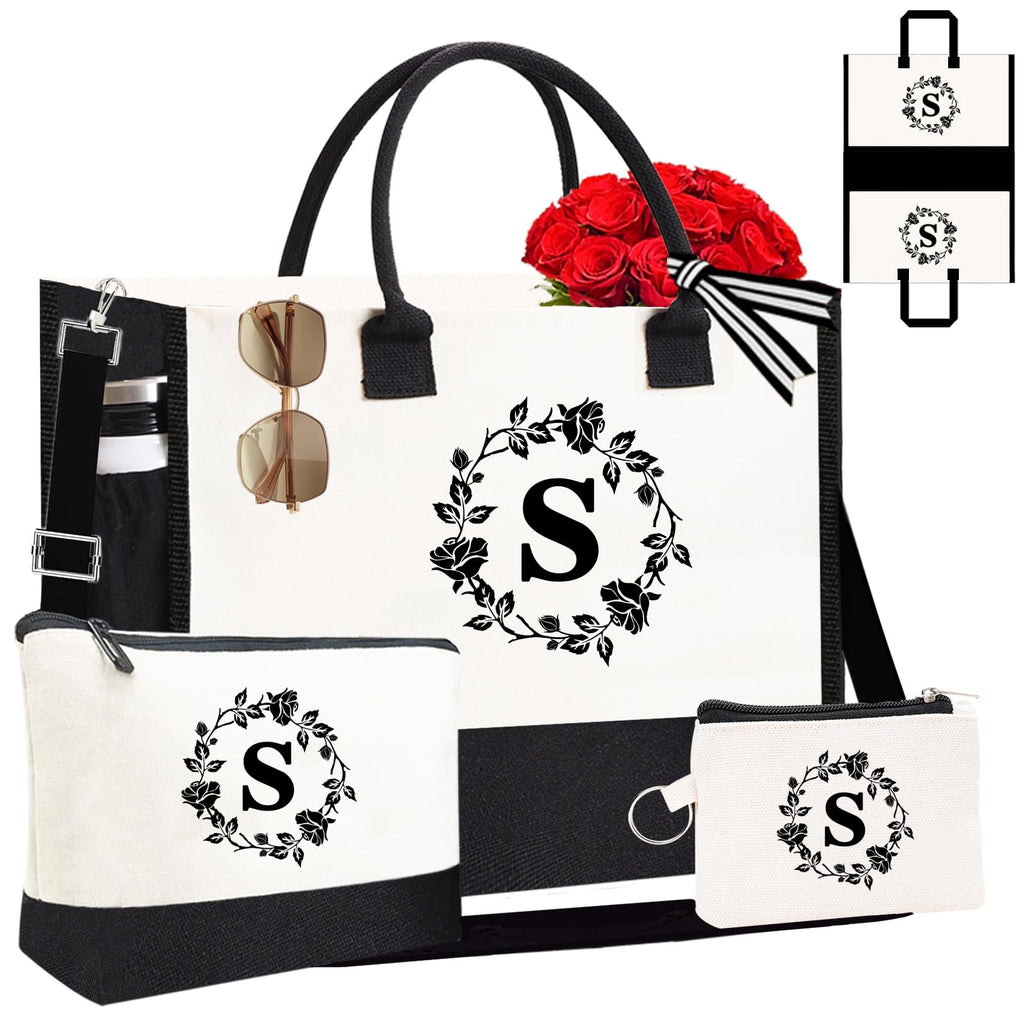 Adoryoung Monogram Personalized Initial Canvas Tote Bags for Women, Double-sided Embroidery Tote Beach Bags Gifts for Women (S)