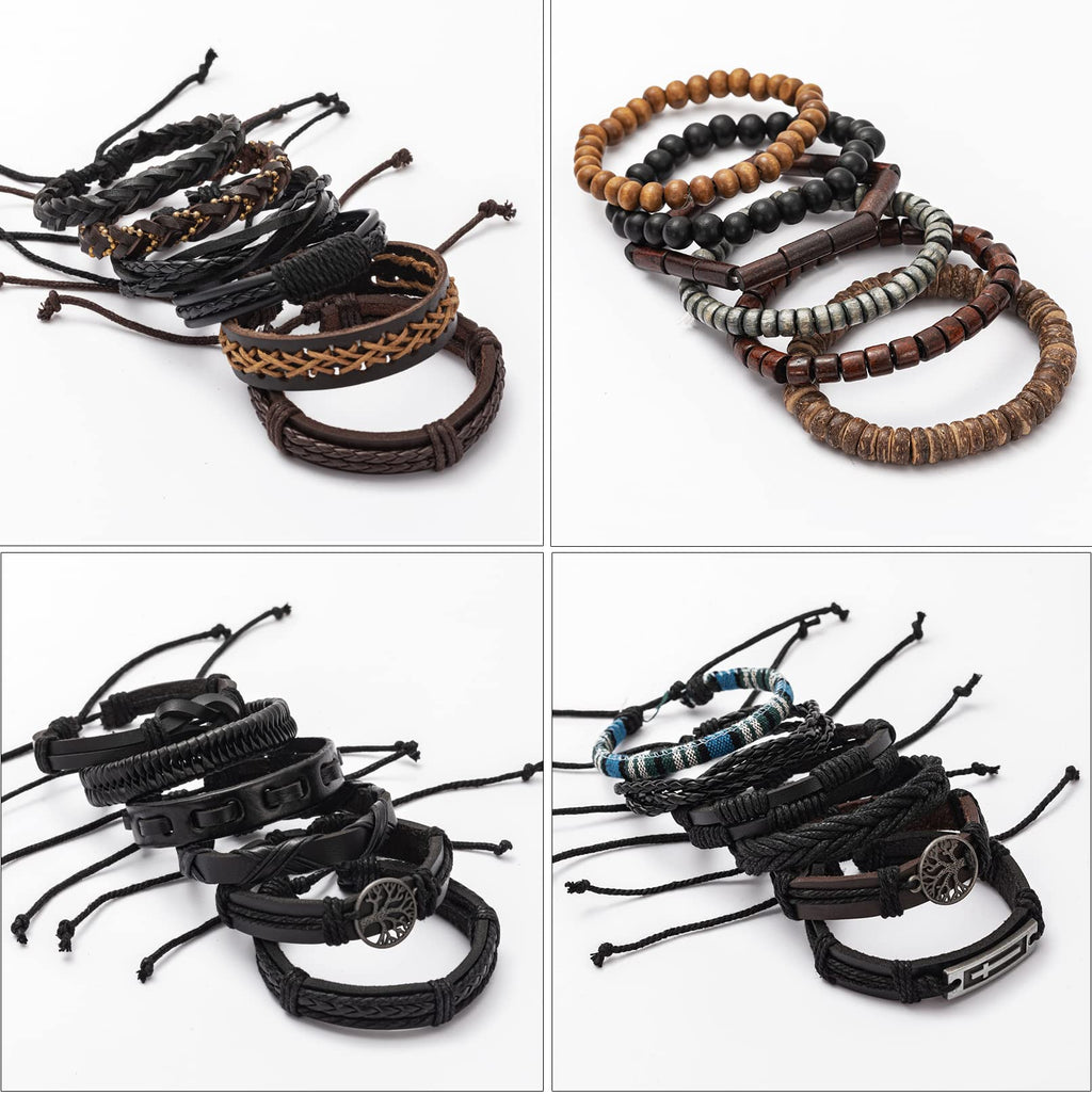 FIRAZIO 42Pcs Braided Leather Bracelets for Men Women Wrap Wood Beads Cuff Bracelet Hemp Cords Ethnic Tribal Handmade Wrap Wristband Bracelets Set Adjustable