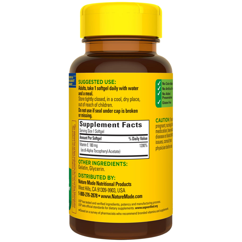 Nature Made Vitamin E 180 mg (400 IU) dl-Alpha, Dietary Supplement for Antioxidant and Skin Support, 100 Softgels, 100 Day Supply