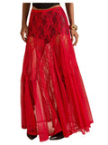 WDIRARA Women's Sexy See Through Sheer Lace Maxi Skirt Low Waist Ruffle Hem A Line Flowy Skirt Red Medium