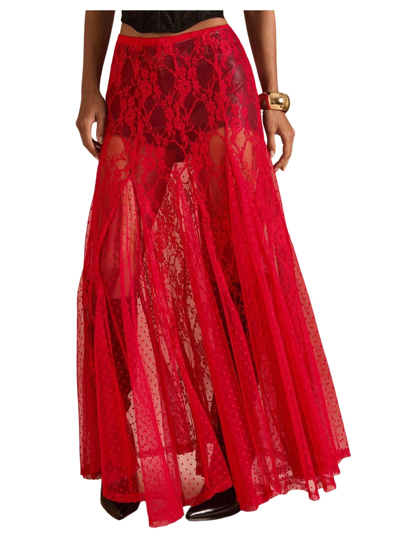 WDIRARA Women's Sexy See Through Sheer Lace Maxi Skirt Low Waist Ruffle Hem A Line Flowy Skirt Red X-Small