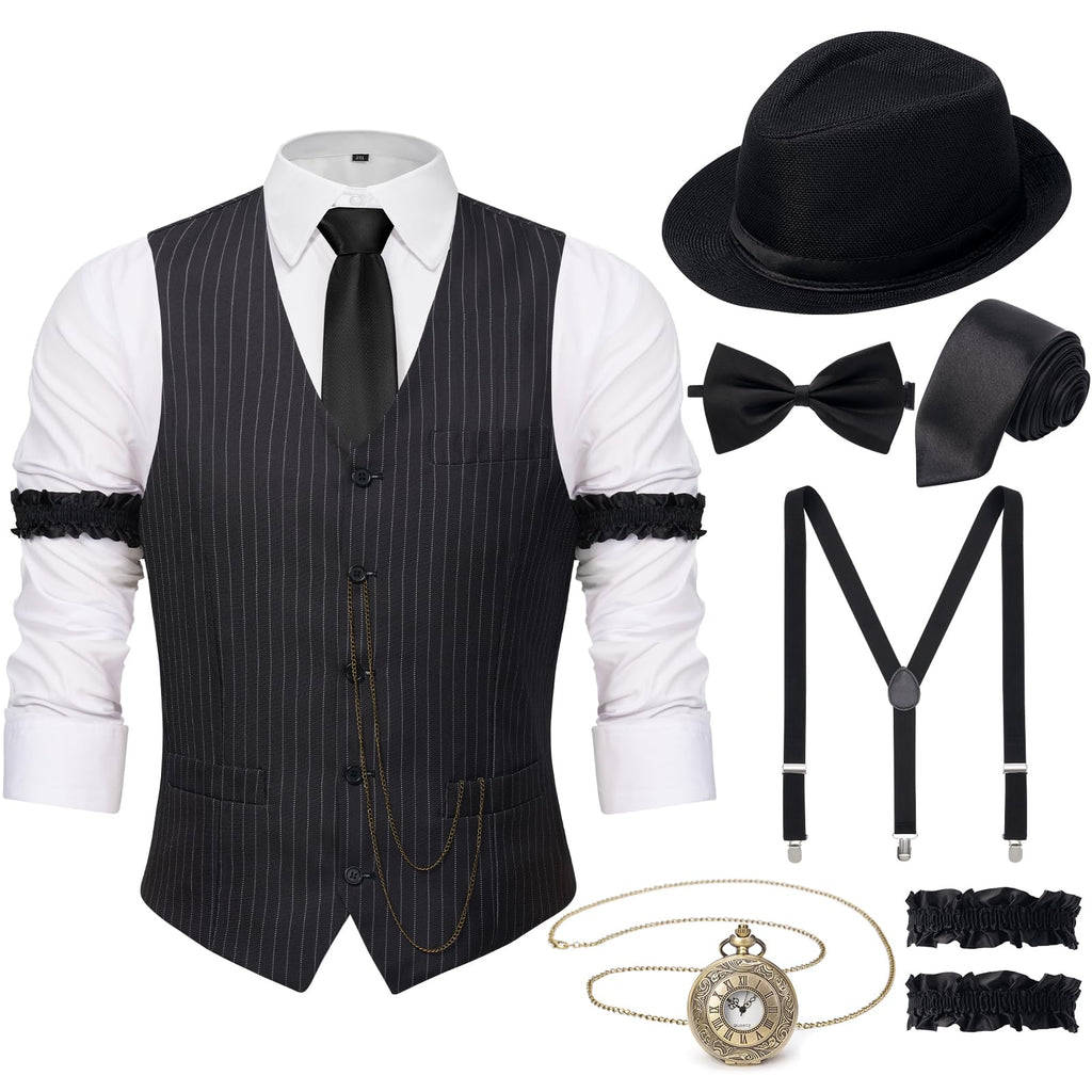 YESSA 1920s Mens Costume,1920 Mens Outfit,Roaring 20s Costumes for Men,1920s Hat Vest Pocket Watch Suspenders Tie