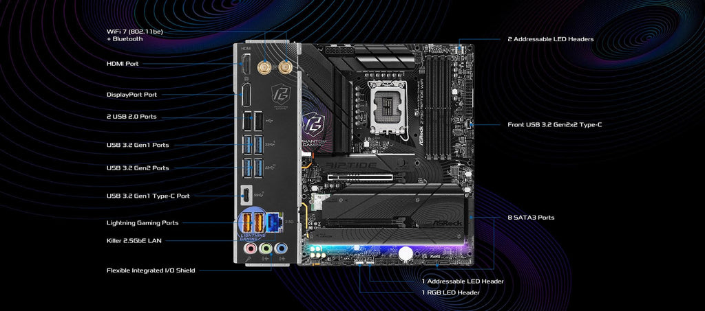 ASRock Z790 Riptide WiFi LGA1700 ATX Motherboard | Supports 14th/13th/12th Gen Intel | DDR5 8000+ (OC) | PCIe 5.0 | WiFi 7 | 8 SATA | 16+1+1 Power Phase | Killer 2.5G LAN