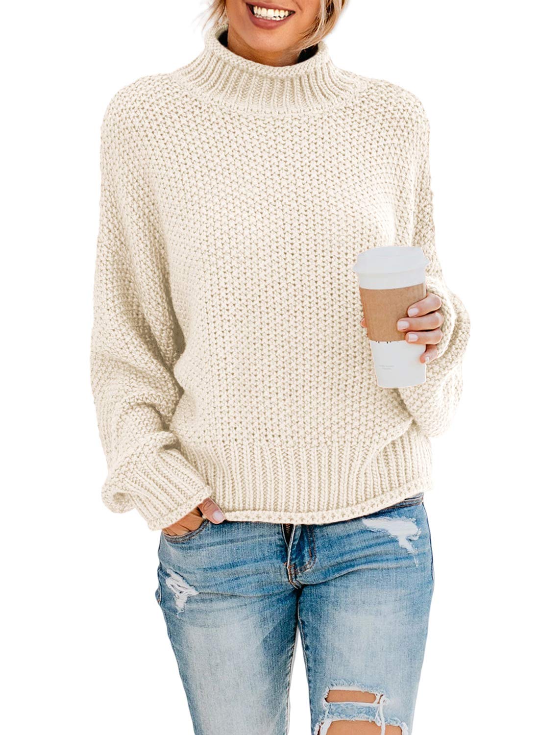Dokotoo Fall Sweaters for Women 2025 Batwing Long Sleeve Turtleneck Sweaters Solid Autumn Basic Casual Halloween Sweaters Loose Oversized Chunky Knit Pullovers Sweaters Jumper Beige Blouses Medium