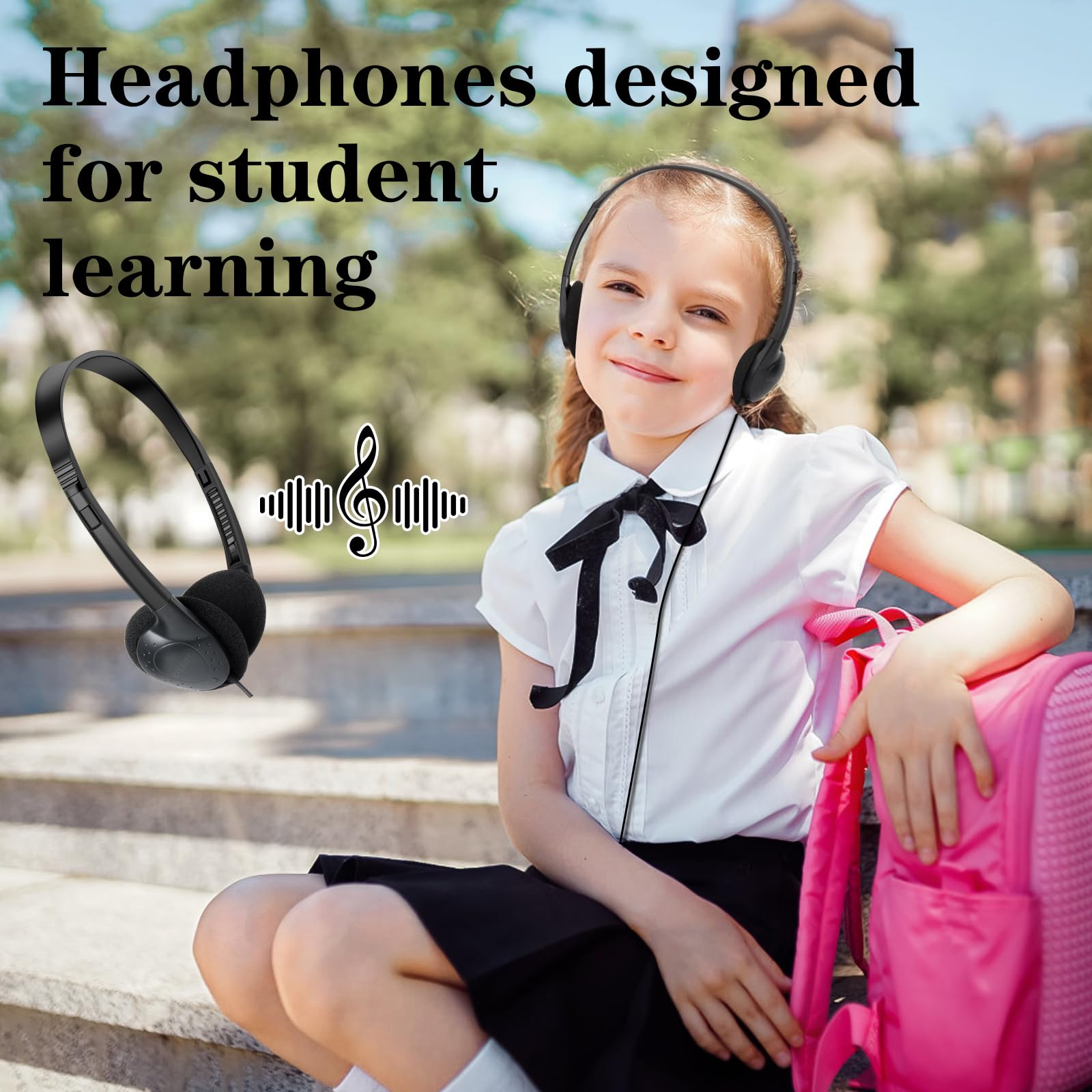 OSSZIT 30 Pack Class Set Headphones for Kids Students School Classroom Headphones Bulk Earphones Adjustable with 3.5 mm Jack for Library Children Adults (Black Color)
