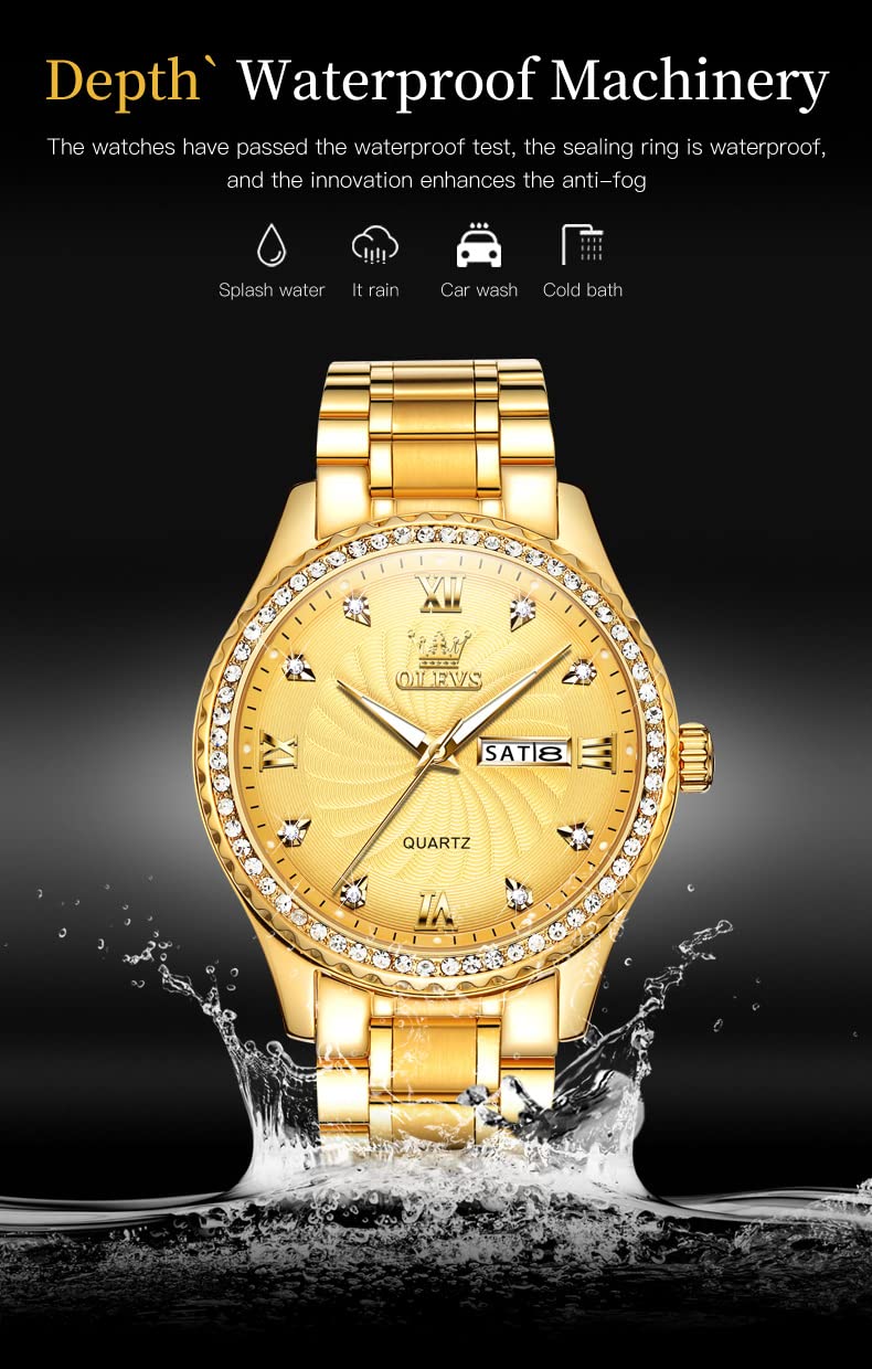OLEVS Men Gold Watches Luxury Diamond Stainless Steel Large Watches Business Dress Waterproof Luminous Date Wrist Watch for Men