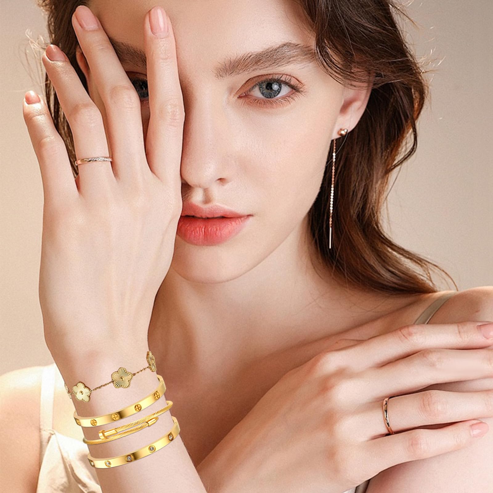 Ntutrxk Gold Bracelets for Women-4Sets,18K Gold Plated Bracelet,Stainless Steel Bangle Bracelets Non Tarnish, Gold Bracelet Set Trendy Jewelry,Christmas Valentines Birthday Gifts Mother's Day
