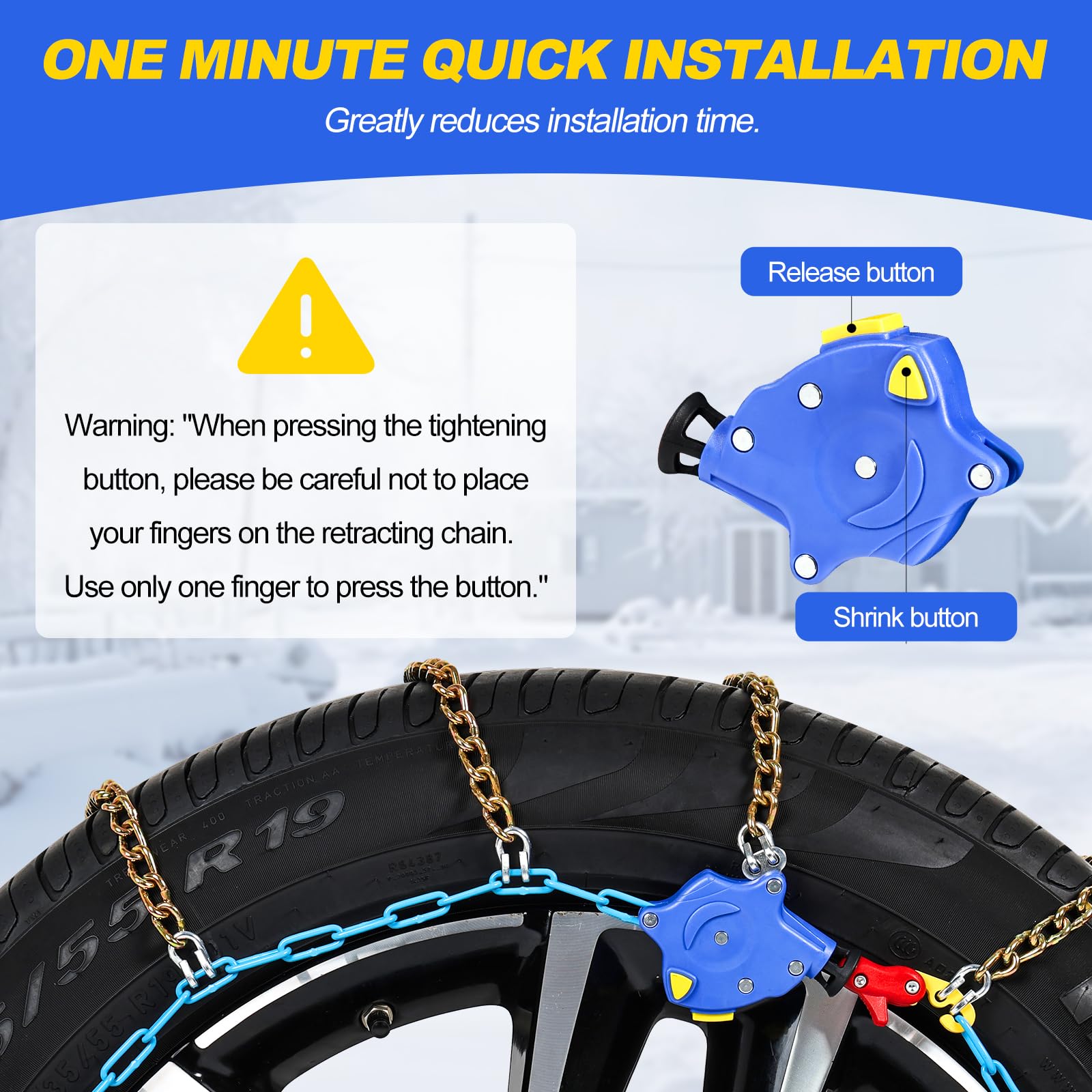 Auto Tightening Snow Chains for Cars, SUVs & Pickup Trucks – 1-Min Quick-Fit Auto Installation, Reusable Universal Emergency Traction Tire Chains – Set of 2（ALN120）