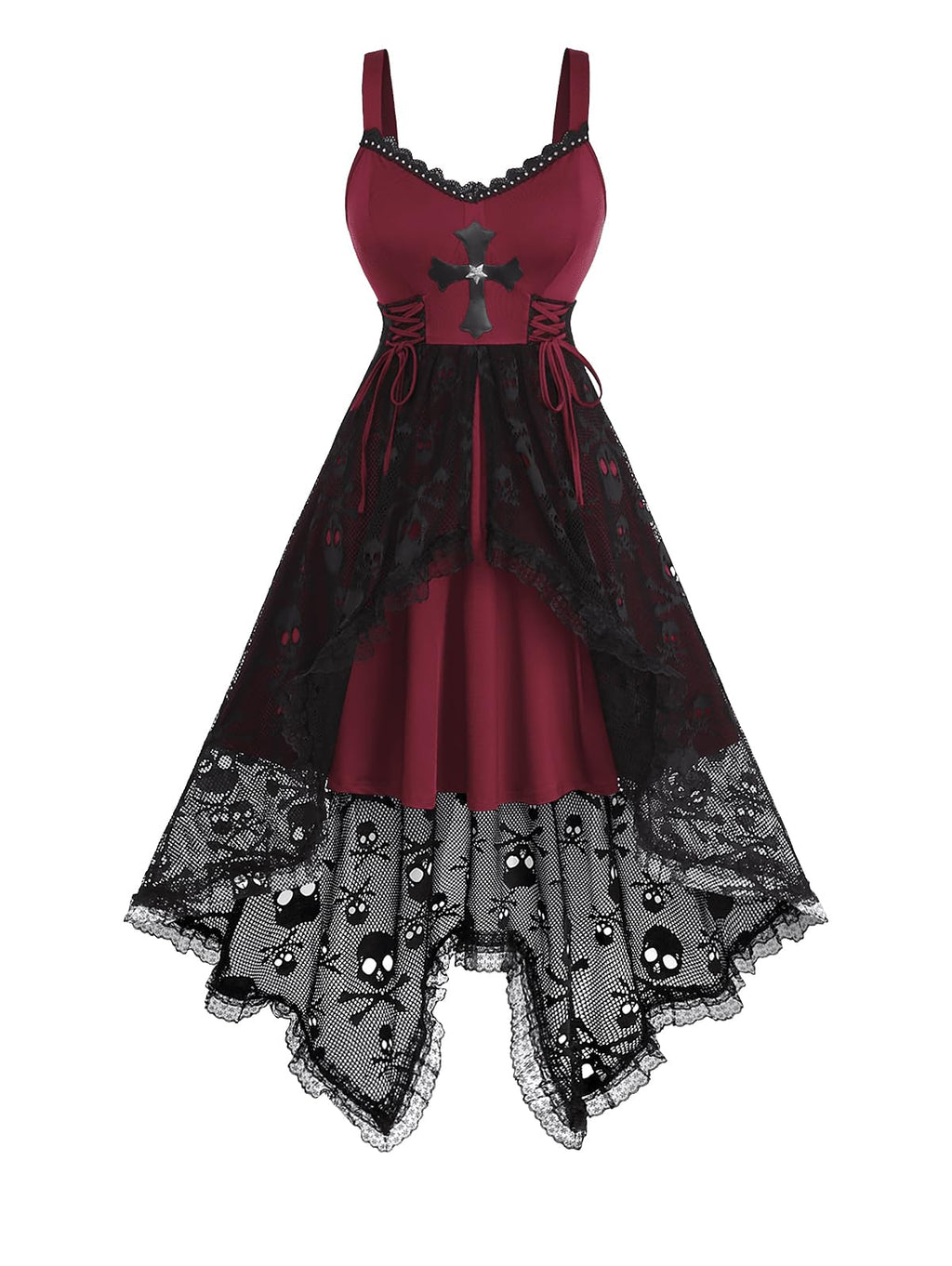 ROSE GAL Women Plus Size Gothic Lace-up PU Cross Skulls Lace Panel Asymmetrical High Low Midi Dress Rivets Straps Punk Dress(Red_3/4X)