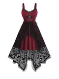 ROSE GAL Women Plus Size Gothic Lace-up PU Cross Skulls Lace Panel Asymmetrical High Low Midi Dress Rivets Straps Punk Dress(Red_3/4X)
