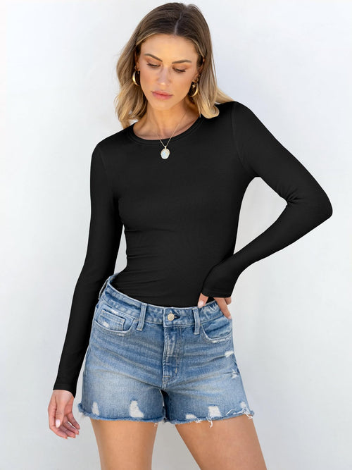 ANRABESS Women Long Sleeve Shirts Rib Knit Slim Fit Tops Basic Tee 2025 Fall Outfits Casual T-Shirt Underscrubs Layer Clothes Black Small